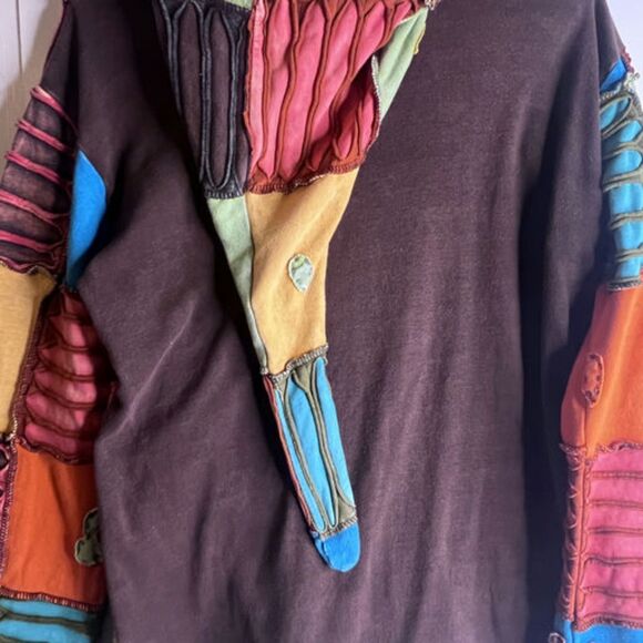 Boho Patchwork Hoodie Jacket XXL Handmade Nepal Festival Peace Sign Zip Up - Picture 5 of 12